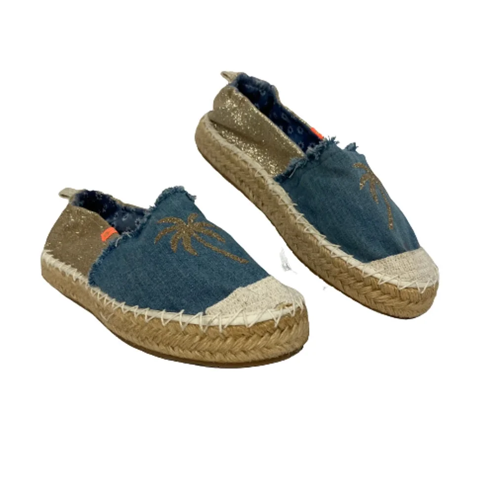 Kim Kay London Womens Sz 10 Blue Gold Palm Tree Glitter Stretch Flat Espadrilles